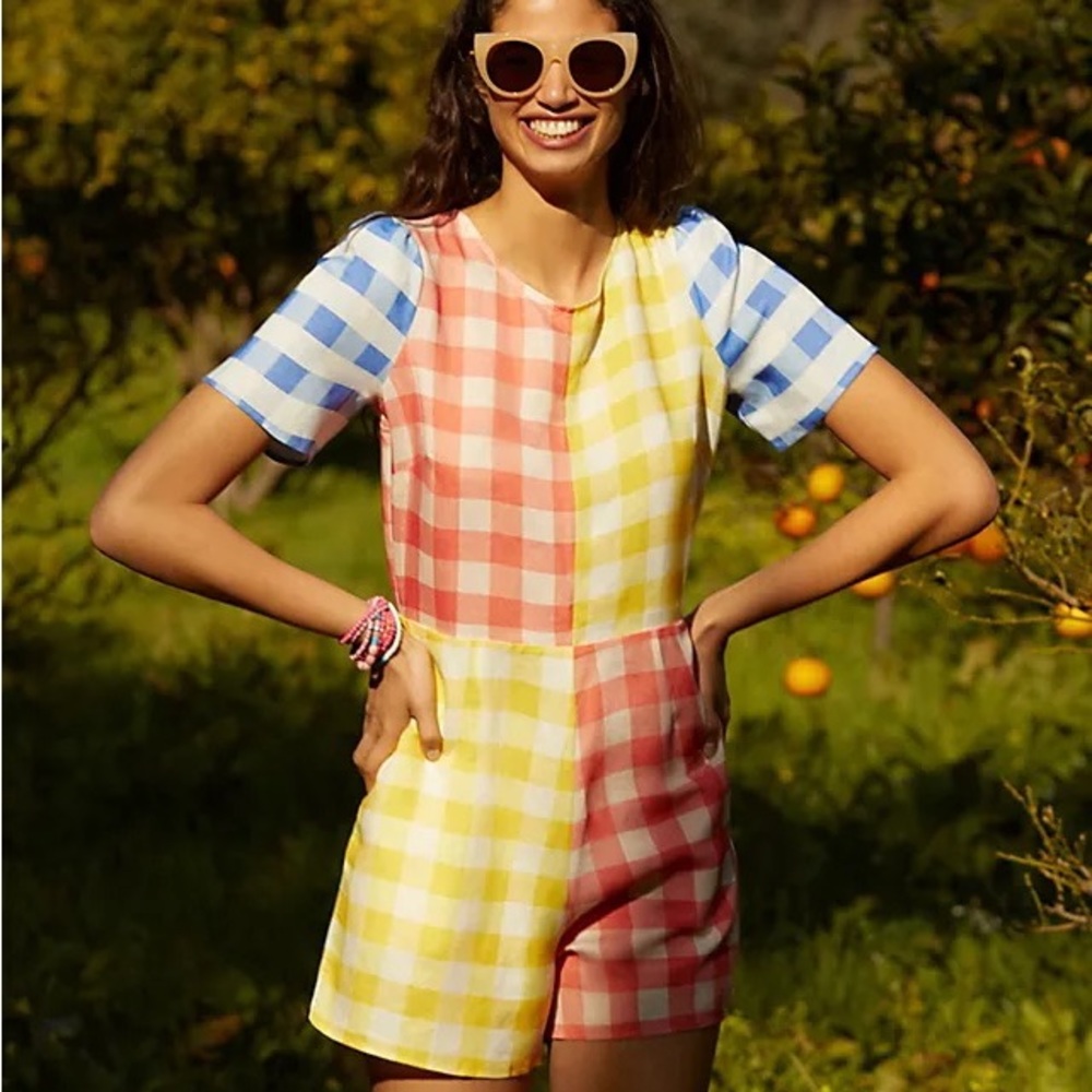 Farm Rio Gingham Contrast Romper Cutouts Open Back Tie Bead Anthropologie M NWT